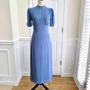 Reformation Dusk Dress Morning Glory Blue Backless Puff Sleeve Midi Wedding Sz 2